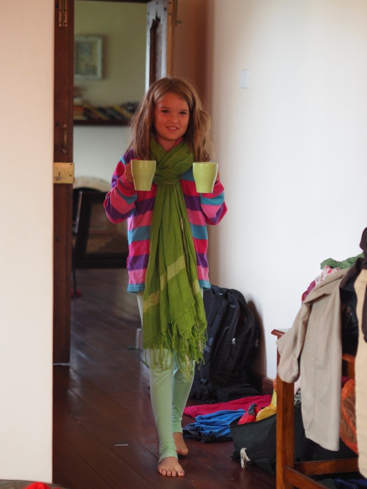 This is a historic moment. Jemima walks in at 8 am with our first early morning cuppa in our self catering little house at Acres Wild