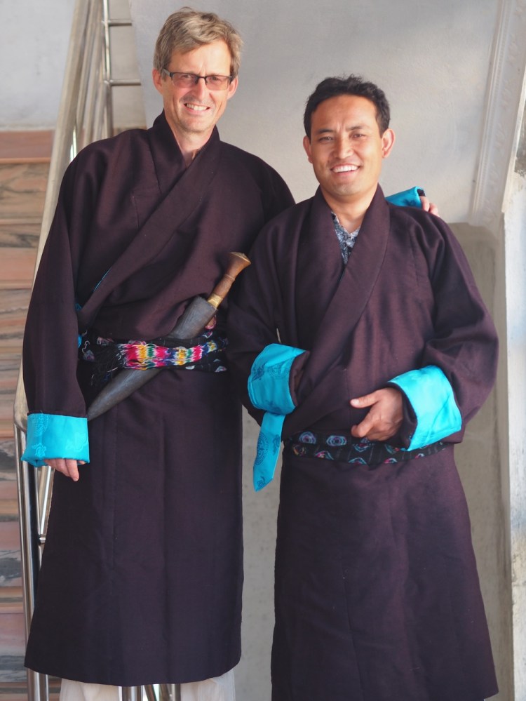 Karma and me sporting local dress from his village - heavy duty Yak wool. I get to where the ubiquitous khukuri knife!