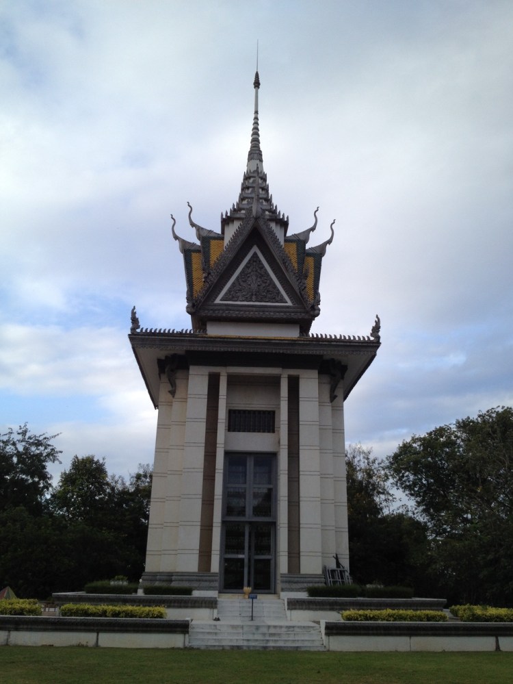 The commemorative temple at the Killing Fields, completed filled by human skulls from the site.&nbsp;