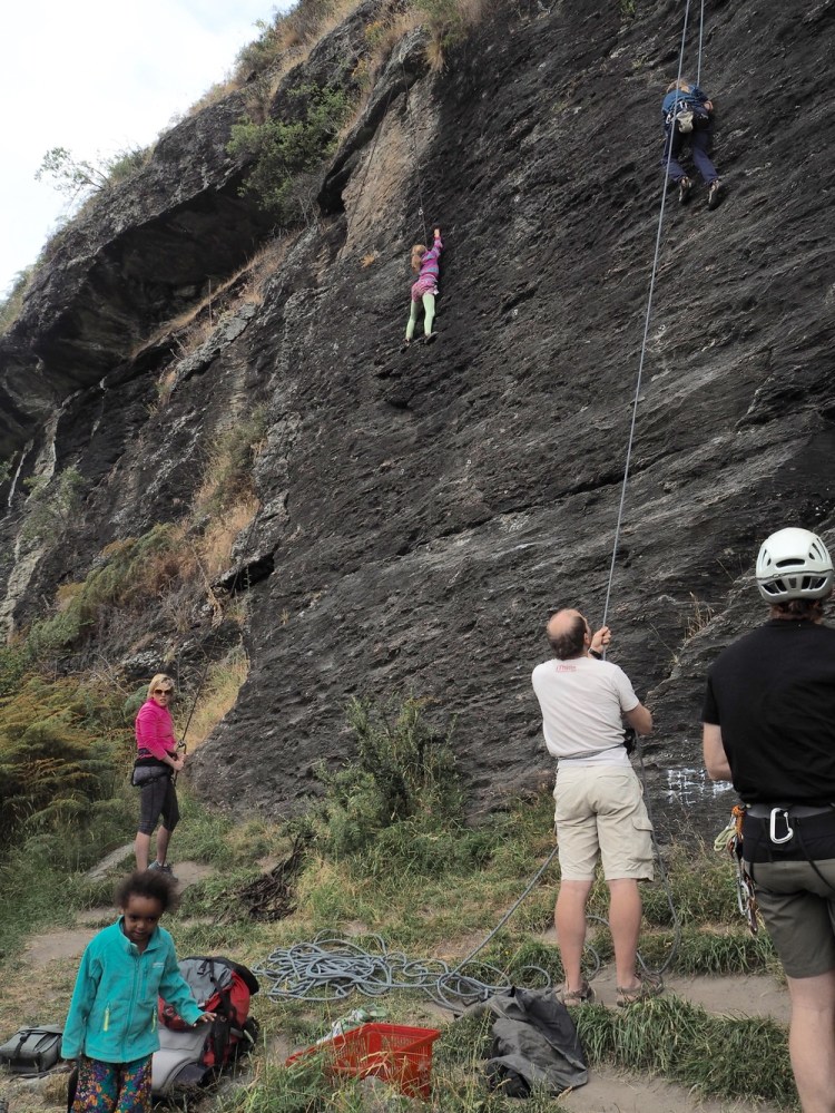 Jemima and Fox doing a spot of rock climbing in Wanaka