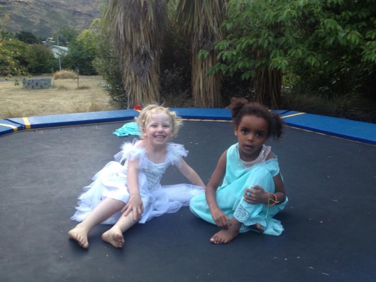 The two Elsas on Joss' trampoline