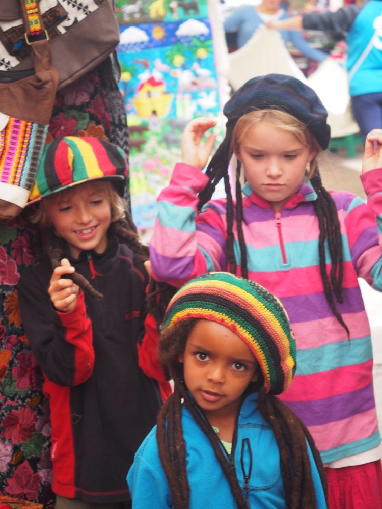 trying on Rasta wigs