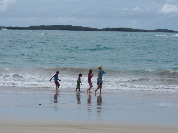The team, strolling along the beach