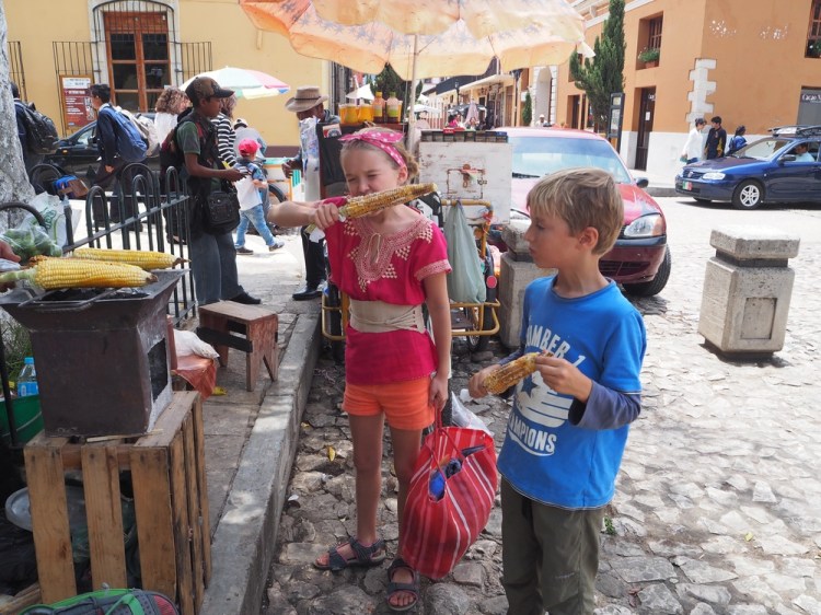 Roasted sweet corn - chewier than at home - served with a bit of salt and smothered in mayonnaise! The children ask to have one every day!
