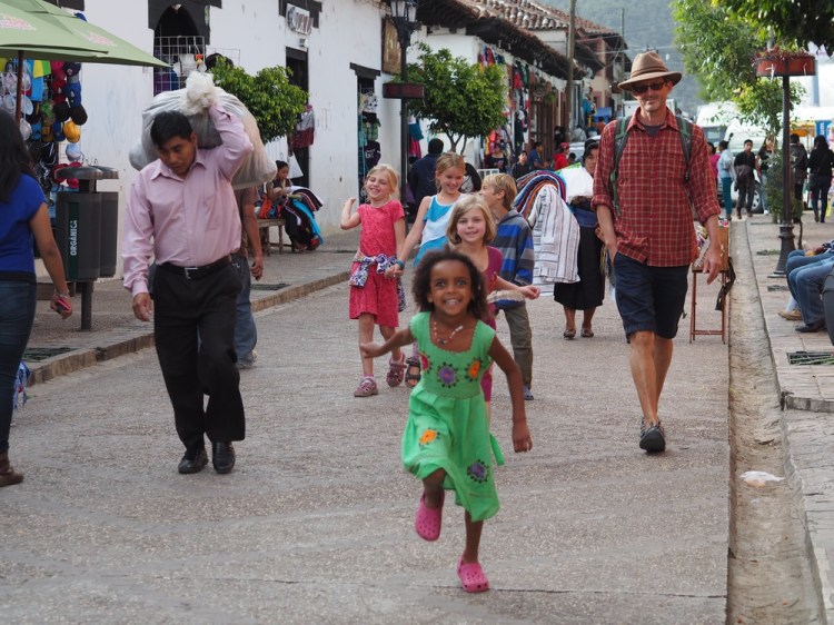 Us running to a really cool restaurant      